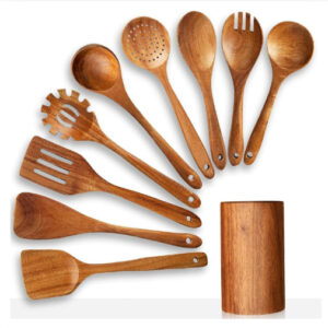 10 piece natural acacia wooden kitchen utensils set
